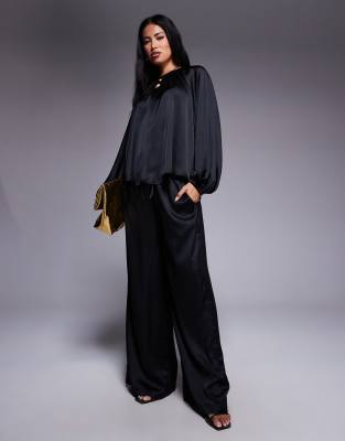 ASOS DESIGN - Satin-Hose in Schwarz mit weitem Bein, Kombiteil
