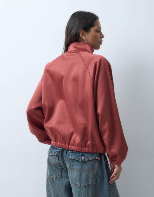 ASOS DESIGN satin jacket with side buttons in wine, 2 of 4