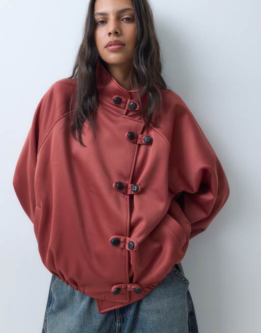 ASOS DESIGN satin jacket with side buttons in wine, 4 of 4