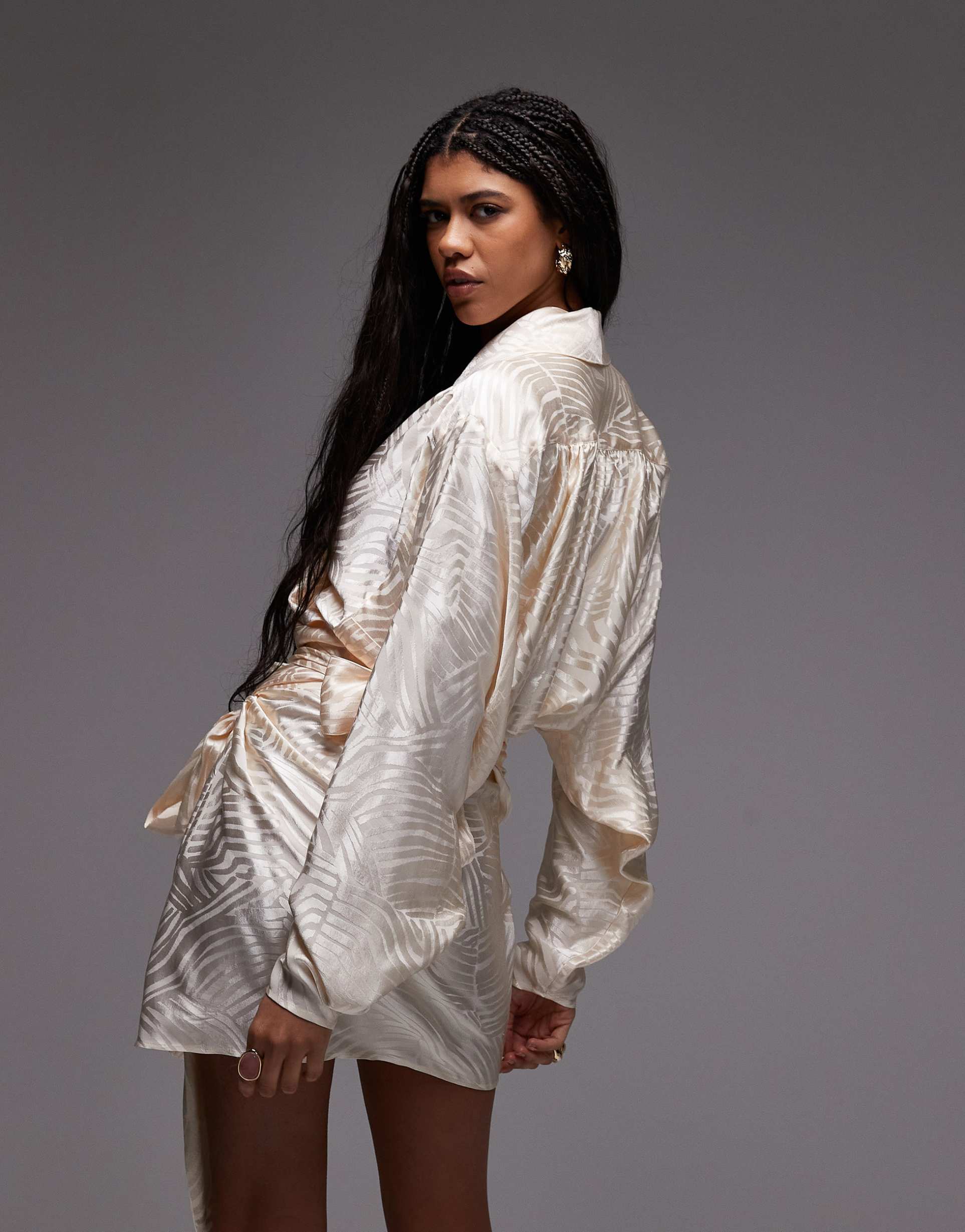 asos design satin jacquard 80's tie waist blouse in ecru