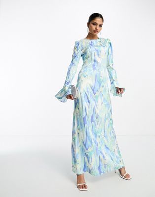 ASOS DESIGN satin jacquard frill cuff maxi dress with godet detail in marble print