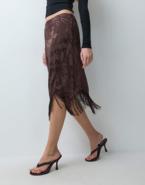ASOS DESIGN satin jacquard fringe midi skirt - view 1