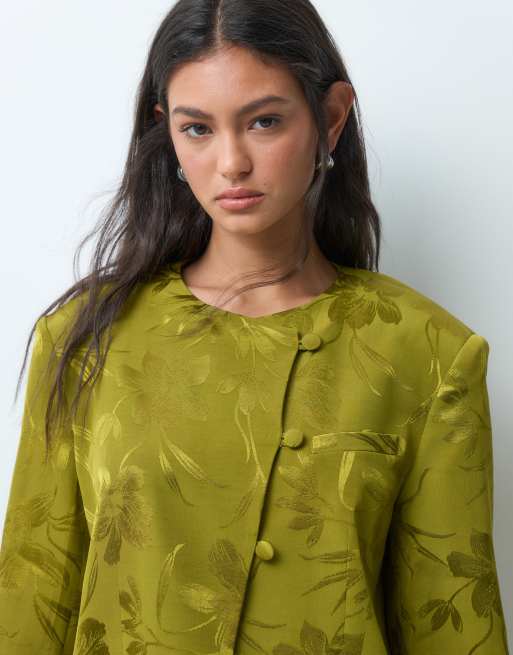 ASOS DESIGN satin jacquard long sleeve asymmetric tailored jacket in olive, 2 of 5