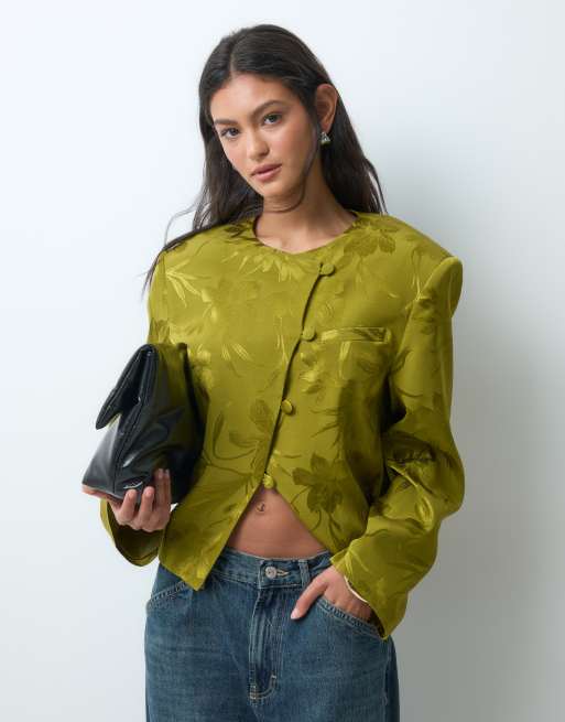ASOS DESIGN satin jacquard long sleeve asymmetric tailored jacket in olive, 3 of 5