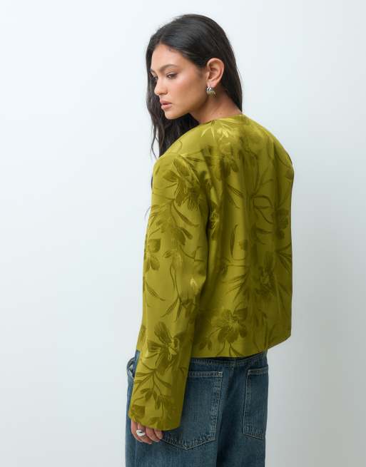 ASOS DESIGN satin jacquard long sleeve asymmetric tailored jacket in olive, 4 of 5