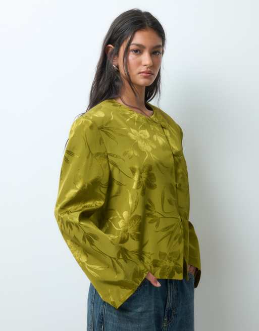 ASOS DESIGN satin jacquard long sleeve asymmetric tailored jacket in olive, 5 of 5