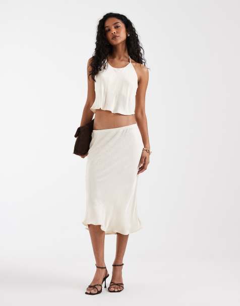 ASOS DESIGN satin jacquard low scoop halter cami top set in cream - view 1