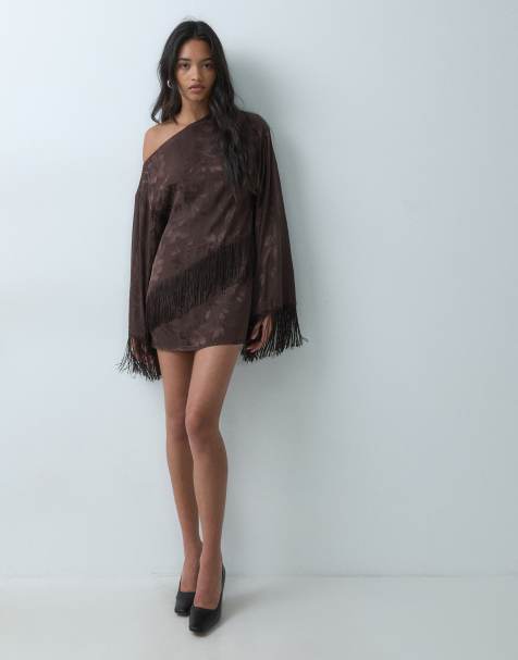 ASOS DESIGN satin-jacquard miniklänning med bara axlar och fransar - view 1