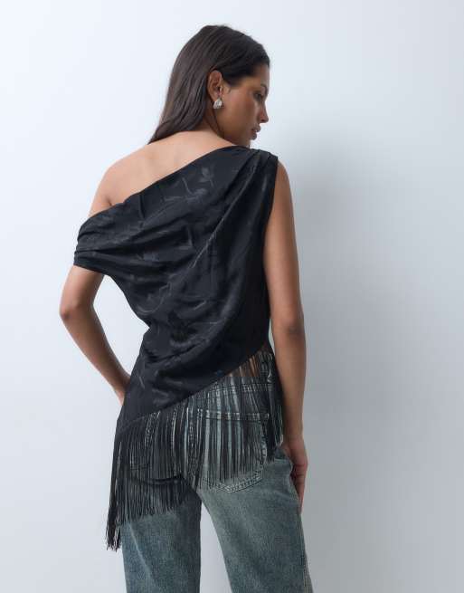 ASOS DESIGN satin jacquard off shoulder fringe asymm top, 4 of 4