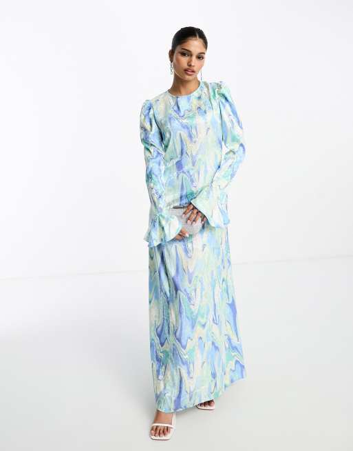 ASOS DESIGN satin jacquard ruffle cuff maxi dress with godet detail in  marble print