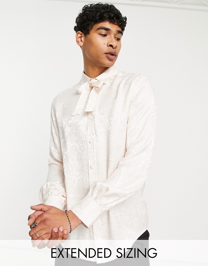 ASOS DESIGN satin jacquard shirt with neck tie in pale pink