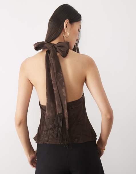 ASOS DESIGN satin jaquard high neck top with fringe detail in chocolate 
