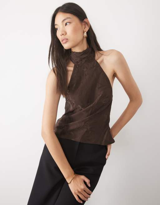 ASOS DESIGN satin jaquard high neck top with fringe detail in chocolate , 2 of 5