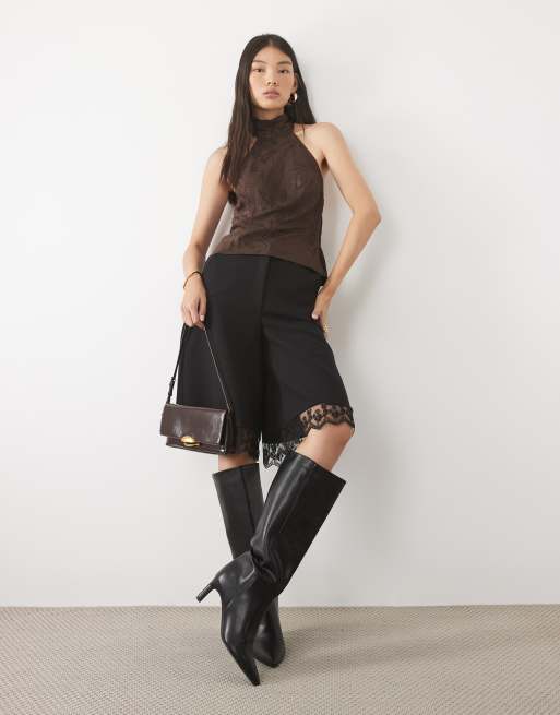 ASOS DESIGN satin jaquard high neck top with fringe detail in chocolate , 3 of 5