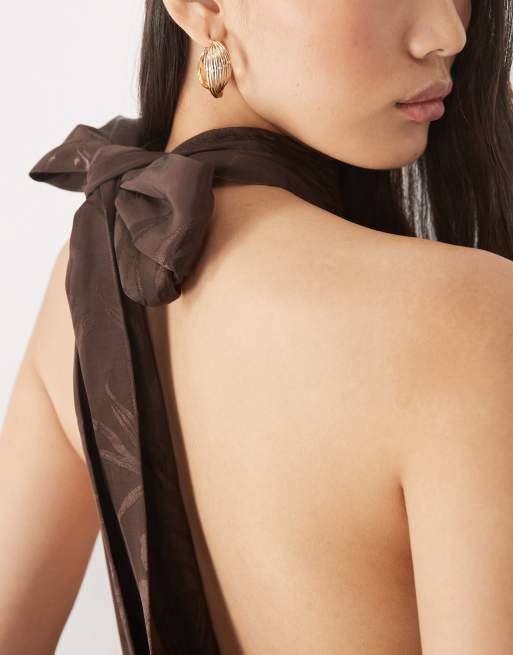 ASOS DESIGN satin jaquard high neck top with fringe detail in chocolate , 5 of 5