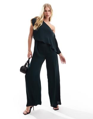 ASOS DESIGN - Satin-Jumpsuit in Petrolgrün mit abfallender Schulterpartie