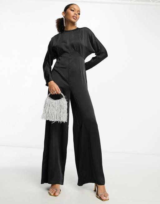 ASOS DESIGN satin jumpsuit with batwing sleeve and wide leg in