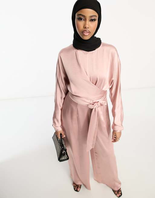 Miss Selfridge satin long sleeve wrap jumpsuit in pink