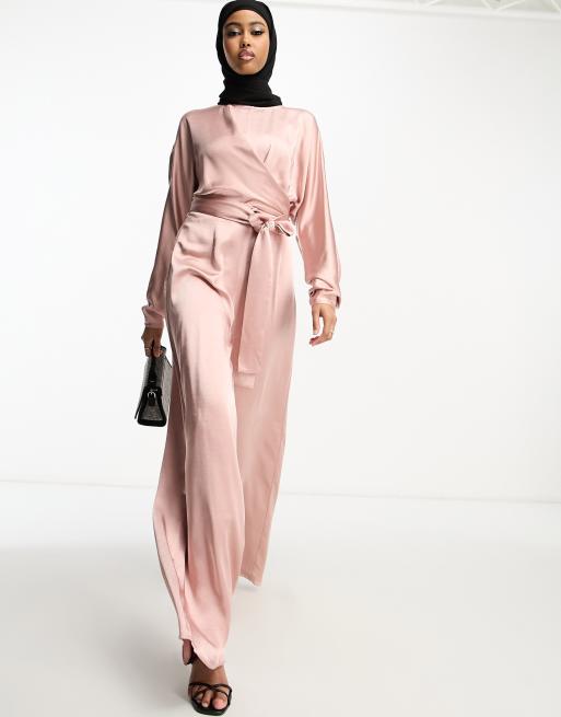 Miss Selfridge satin long sleeve wrap jumpsuit in pink