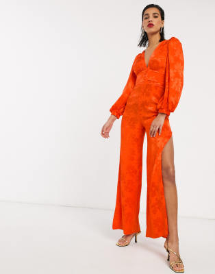 ASOS DESIGN satin jumpsuit with blouson sleeve in orange floral jacquard