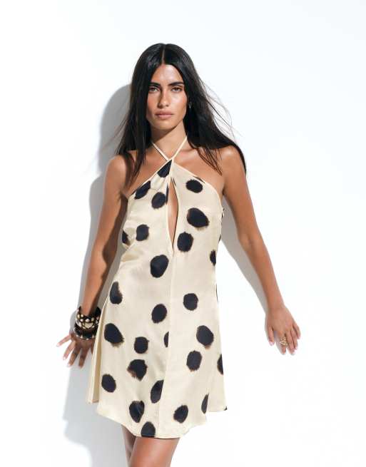 ASOS DESIGN satin key hole halter mini dress in spot print, 4 of 4