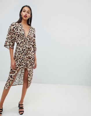 ASOS DESIGN satin kimono midi dress in leopard print | ASOS