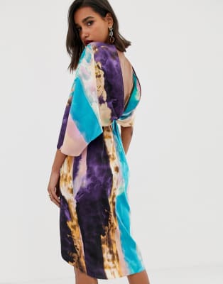 asos design kimono midi dress in satin with asymmetric sleeve