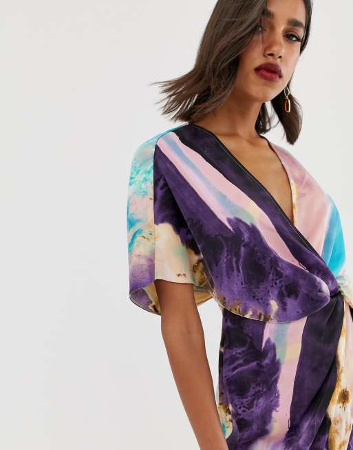 ASOS DESIGN satin kimono midi dress with knot front and asymmetric sleeve in abstract Print