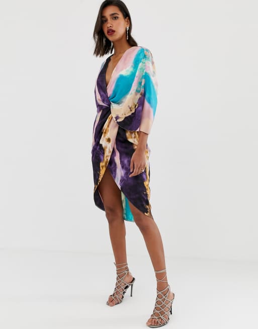 Asos design satin kimono midi dress 2025 with knot front and asymmetric sleeve