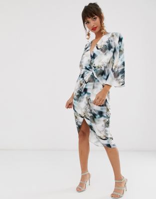 asos design satin kimono midi dress with knot front and asymmetric sleeve