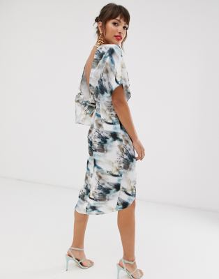 asos design kimono midi dress in satin with asymmetric sleeve