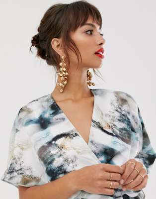 asos design kimono midi dress in satin with asymmetric sleeve