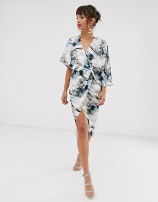 asos design kimono midi dress in satin with asymmetric sleeve