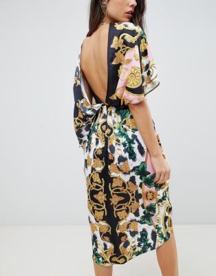 asos design kimono midi dress in satin with asymmetric sleeve