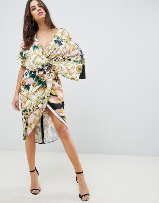 asos design kimono midi dress in satin with asymmetric sleeve