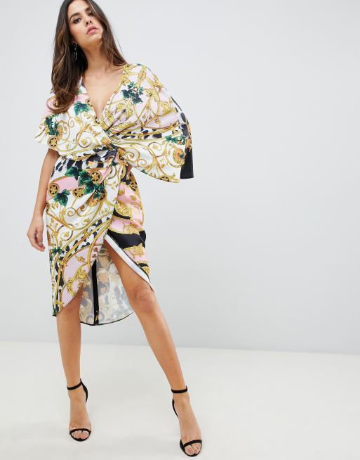 ASOS DESIGN satin kimono midi dress with knot front and asymmetric sleeve  in chain print | ASOS