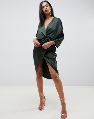asos design kimono midi dress in satin with asymmetric sleeve