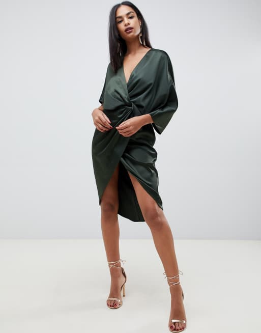 Asos design satin kimono midi dress 2025 with knot front and asymmetric sleeve