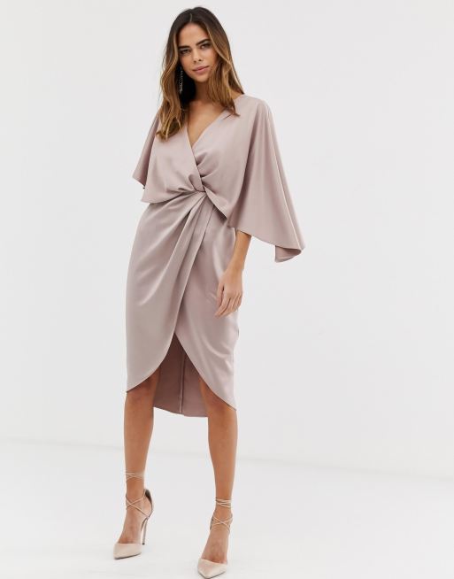 ASOS DESIGN satin kimono midi dress with knot front and asymmetric