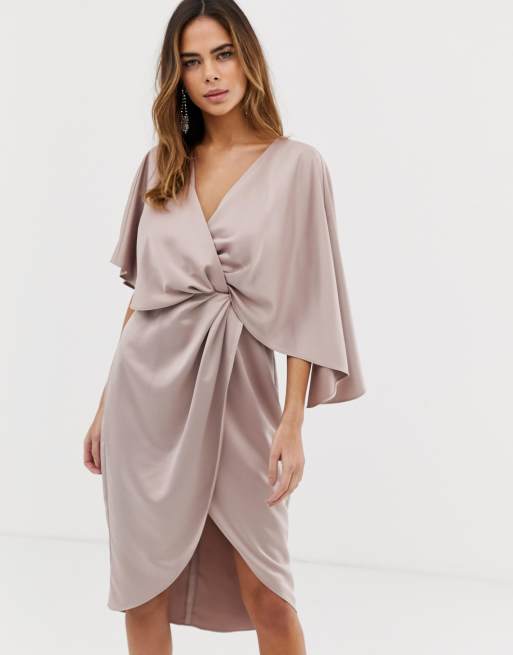 ASOS DESIGN satin kimono midi dress with knot front and asymmetric sleeve