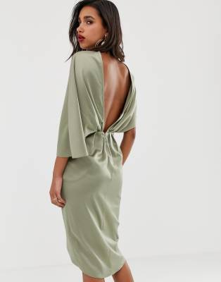 asos design kimono midi dress in satin with asymmetric sleeve