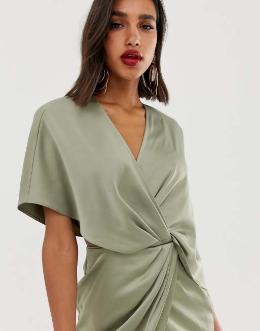 Asos design satin kimono midi dress shop with knot front and asymmetric sleeve