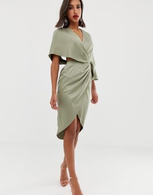 asos design kimono midi dress in satin with asymmetric sleeve