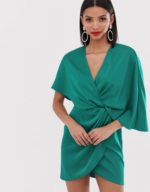 ASOS DESIGN satin kimono mini dress with knot front and asymmetric sleeve