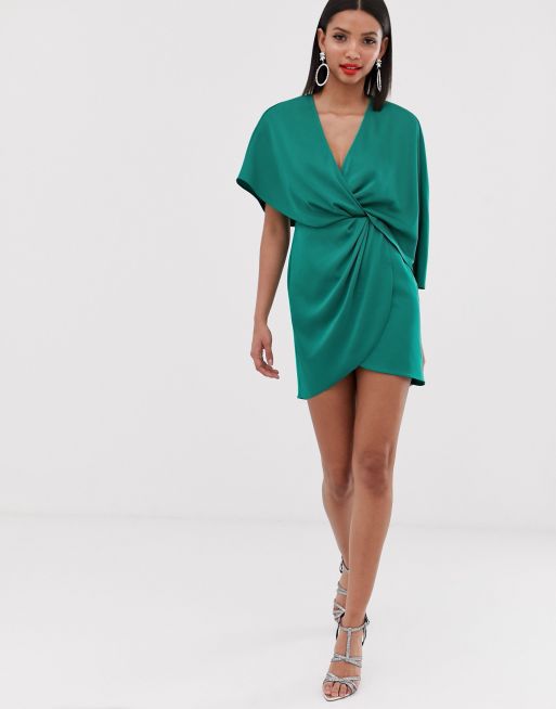 ASOS DESIGN satin kimono mini dress with knot front and asymmetric sleeve |  ASOS