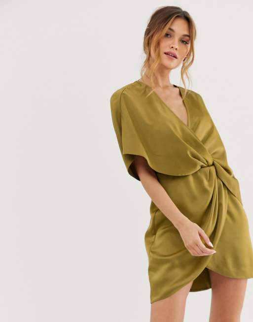 ASOS DESIGN satin kimono mini dress with knot front and asymmetric sleeve