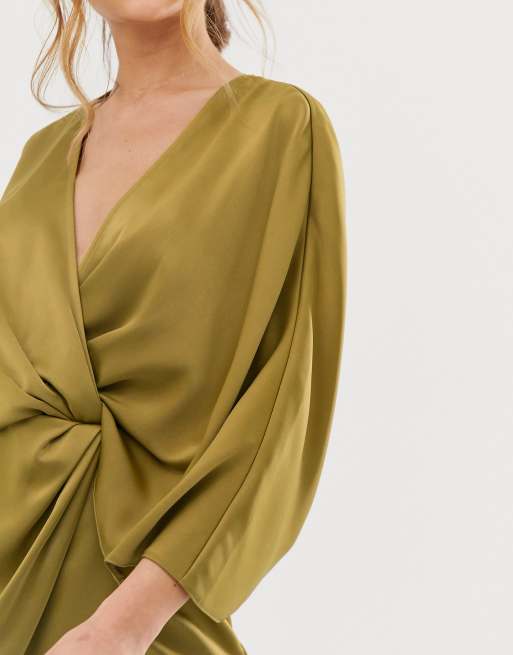 ASOS DESIGN satin kimono mini dress with knot front and asymmetric sleeve |  ASOS