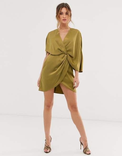 Asos design satin kimono midi dress clearance with knot front and asymmetric sleeve