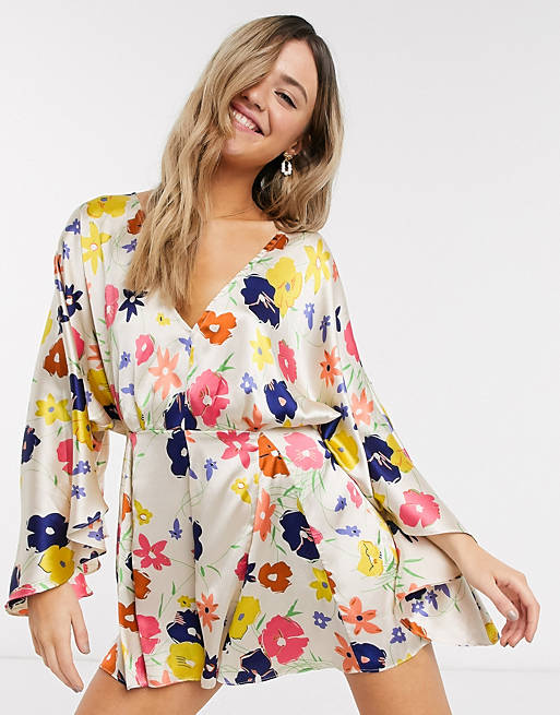 Jumpsuits & Playsuits satin kimono sleeve playsuit in floral print 