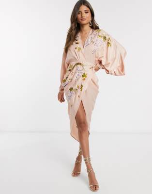 ASOS DESIGN satin kimono sleeve with floral embroidered midi dress